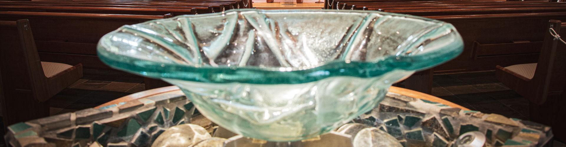 close up of baptismal font in Christ Lutheran sanctuary