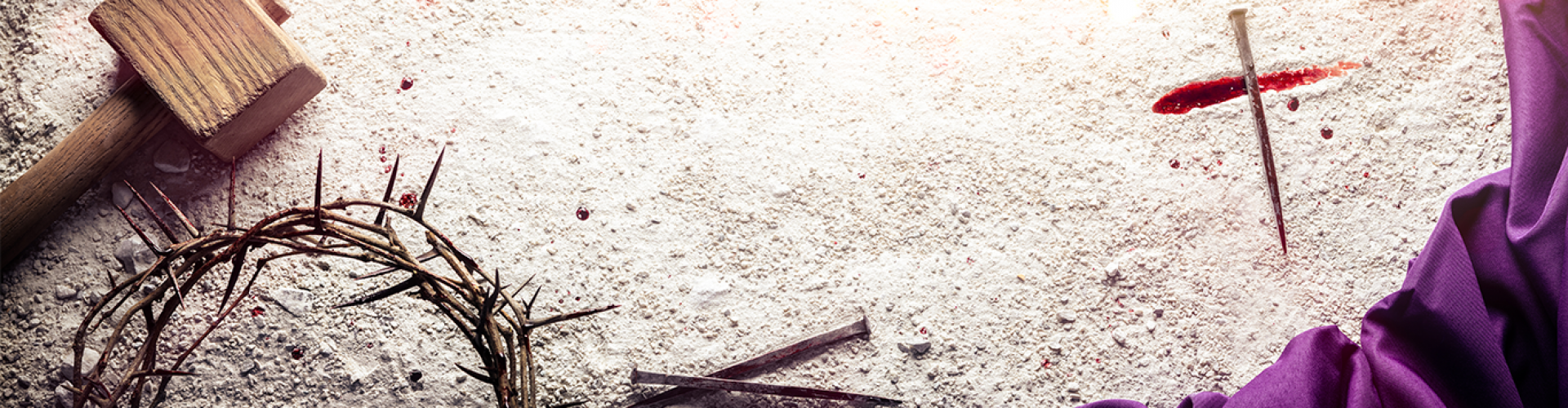 background with wooden hammer, crown of thorns, iron nails and purple cloth