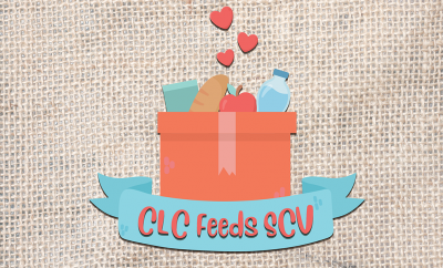 canvas background with graphic of box filled with groceries and words CLC Feeds SCV