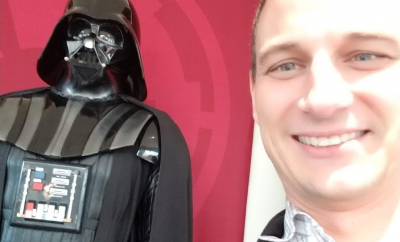 CLC Council candidate Craig Mitchell with figure of Darth Vader