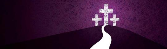 Purple background with a white road leading to three crosses