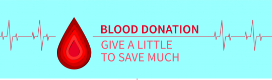 red blood drop on blue background with words Blood Donation give a little to save much
